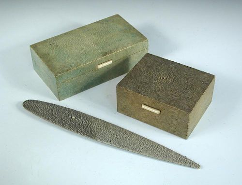 Two Art Deco shagreen boxes and a shagreen paper knife, the boxes each with ivory fitting (3) <br>