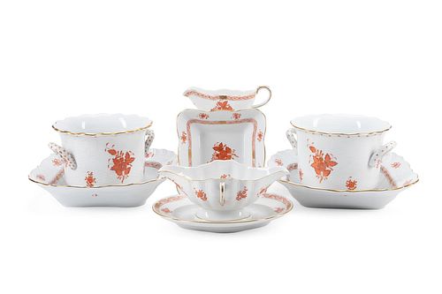7PC HEREND RUST CHINESE BOUQUET PORCELAIN PIECES