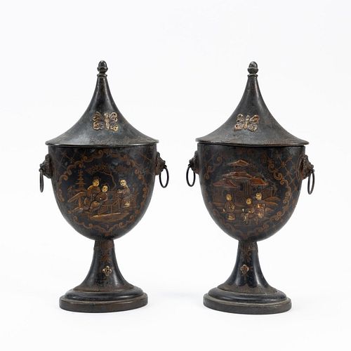 19TH C. CHINOISERIE DECORATED PEWTER CHESTNUT URNS