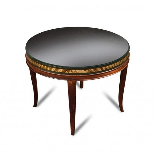 A mahogany and painted mirror topped occasional table, originally from the Savoy Plaza, New York, 19