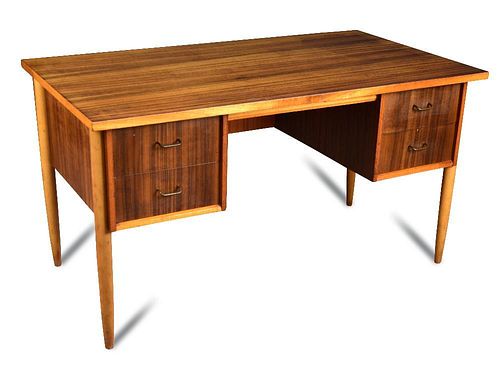 A mid-20th century palisander wood desk, the rectangular top with two suspended drawers to either si