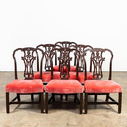 SET SIX, CHIPPENDALE-STYLE MAHOGANY DINING CHAIRS