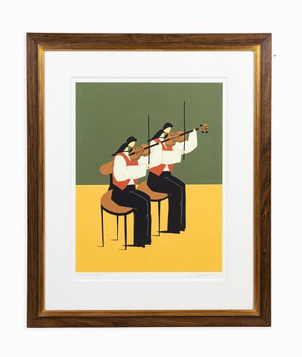 AMERICAN, "TWO VIOLIN PLAYERS" FRAMED SERIGRAPH