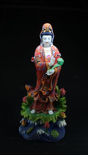 A Carved Jadestone Guanyin Statue