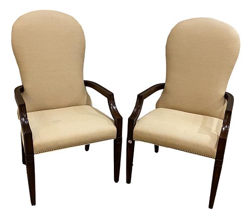 Pair armchairs with cream upholstery and nail head trim, 47" tall.