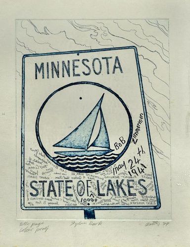 § David Oxtoby (British, b.1938) Bob Dylan / Minnesota State of Lakes "inscribed "Bob Zimmerman, May