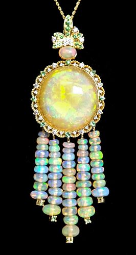 18K YG 97.64ct Opal, Diamond & Tsavorite Necklace