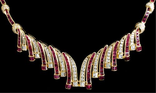 18k Yellow Gold Ruby & Diamond Baguette Necklace