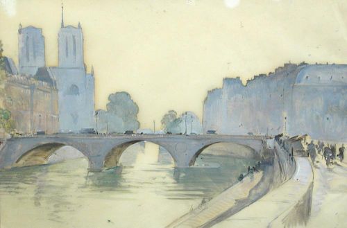 § Charles Ernest Cundall, RA (British, 1890-1971) Notre Dame and Pont St Michel, 1960 oil tempera on