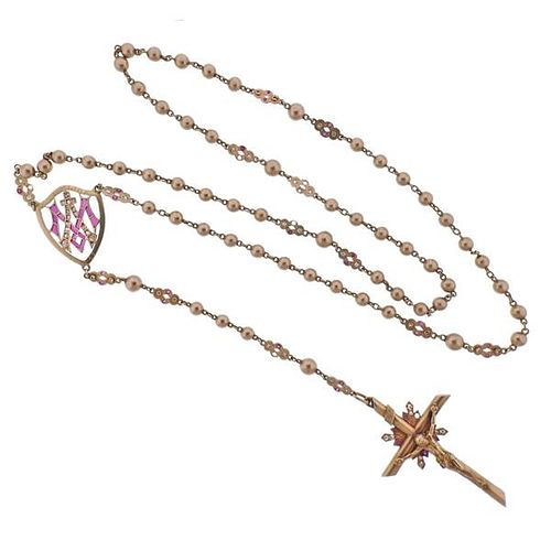 Antique 18k Gold Ruby Diamond Rosary Cross Necklace
