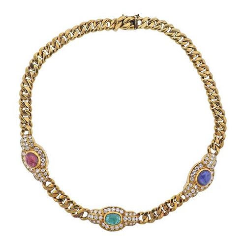 1980s 18k Gold Diamond Sapphire Ruby Emerald Necklace