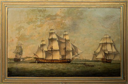 English School Ships at Sea Oil on Canvas, 19th C.