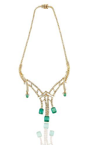 18KT GOLD, DIAMOND AND EMERALD NECKLACE