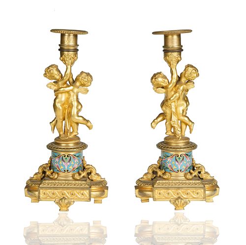 PAIR OF CHAMPLEVE CANDELABRAS