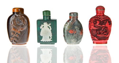 GROUP OF FOUR CHINESE STONE AND LACQUER SNUFF BOTTLES