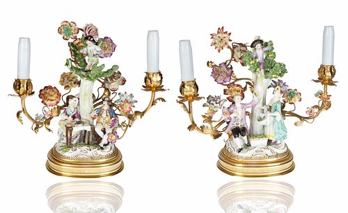 PAIR OF FRENCH GILT ORMOLU AND PORCELAIN FIGURAL LAMPS
