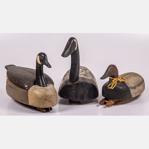 Three Carved and Painted Wood Geese and Duck Decoy