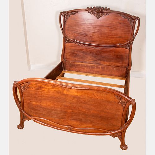 French Art Nouveau Carved Walnut Bed