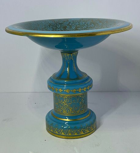 OUTSTANDING ANTIQUE FRENCH BLUE OPALINE COMPOTE GOLD PAINT