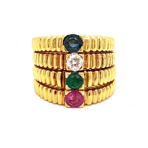 Tutti Frutti Art Deco 18k Diamond Ruby Emerald Sapphire Ring
