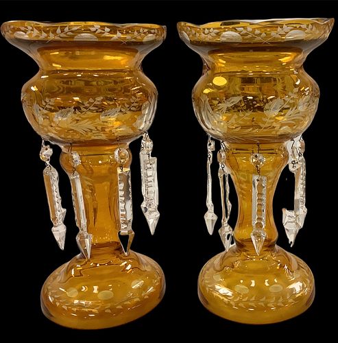 Pair Bohemian overlay Glass Mantle Lusters with hangin clear crystal. 7" wide x 13" tall.,