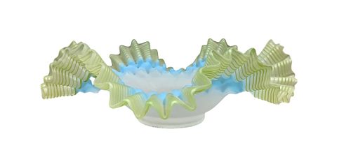 Lovely 13" wide, 4" tall decorative frosted glass bowl in blue and green-striped ruffled edge.