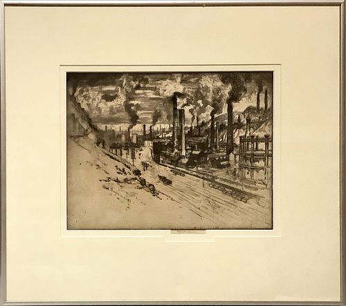 Joseph Pennell 1857-1926 "Rainy Tracks, Bradford" dry point etching signed 1909, image size 12.5" x 9.5"