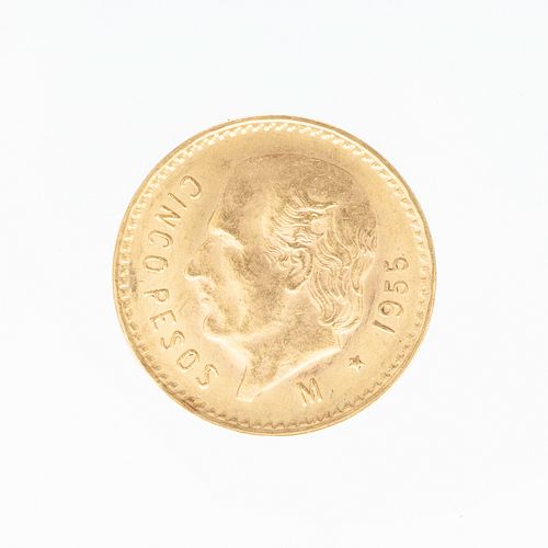 Moneda de cinco pesos en oro amarillo de 21k. Peso: 4.2 g.
