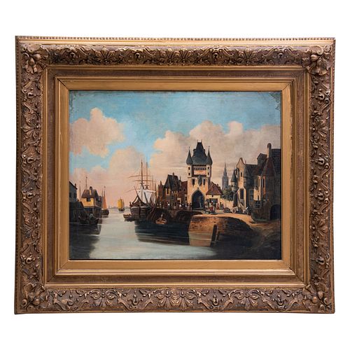 FIRMADO E. VON GOOSEN Vista de puerto de Amberes. Óleo sobre tela. 58 x 73 cm. Enmarcado.
