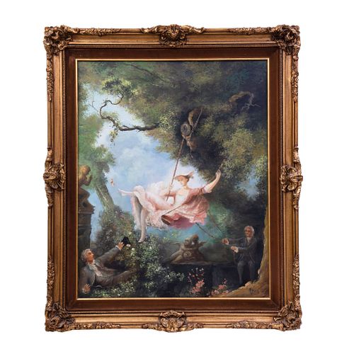 FIRMADO MARÍN. Reproducción de "El columpio" de Jean-Honoré Fragonard. Óleo sobre tela. 96 x 80 cm.