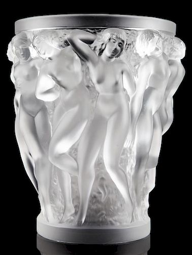 A Lalique Molded and Frosted Glass Vase Height 9 1/2 inches.