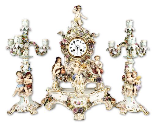 Magnificent 19th C. Meissen Figural Flower Encrusted Clockset