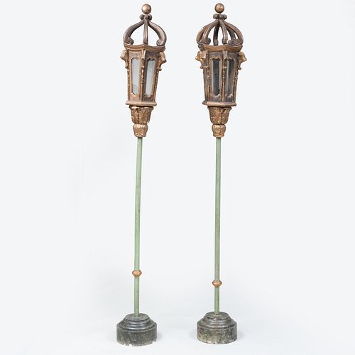 Pair of Italian Giltwood and Painted Faux Marble Lanterns, Possibly Venetian