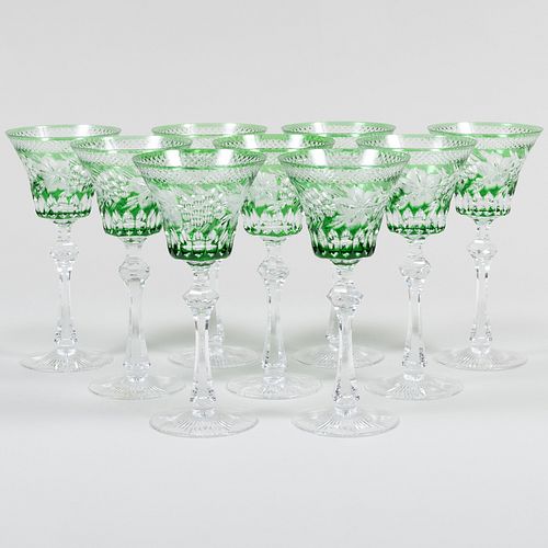 Set of Nine Knittel Green Overlay Cut Glass Goblets 