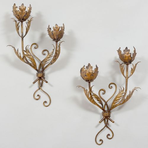 Pair of French Gilt-Metal Two-Light Wall Appliques