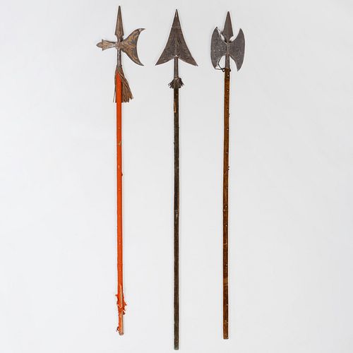 Two Decorative Painted Tin and Fabric Axes and One Spear