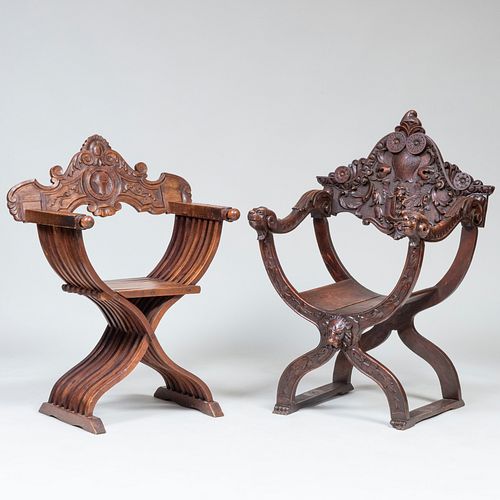 Two Italian Carved Walnut Savonarola Chairs