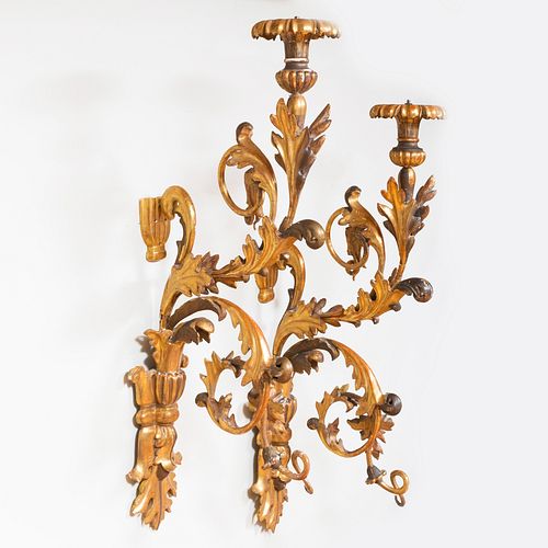 Large Pair of Continental Painted and Parcel-Gilt Wall Sconces, possibly Italian