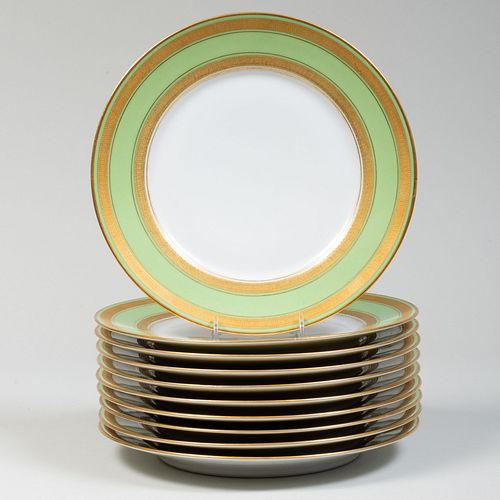 Set of Ten Haviland Limoges Green Ground Porcelain Dinner Plates
