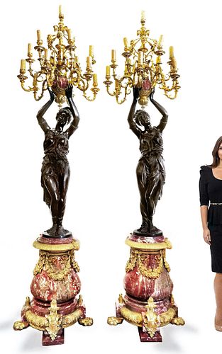 Pair of Monumental French Bronze/Rouge Marble Torcheres