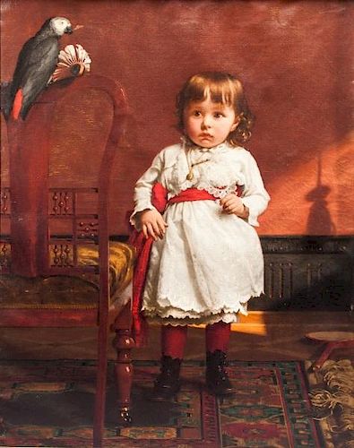 Seymour Joseph Guy (1824-1910) Little Girl in White Dress with Parrot