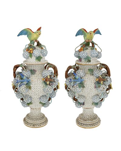 A pair of Meissen "Schneeballen" porcelain covered urns