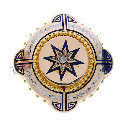 A late Victorian gold enamel and diamond memorial brooch. Of circular outline, the central brilliant