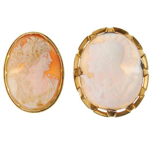Two cameo brooches. One shell carving depicting Athena and Minerva and a winged torch-bearer, the ot