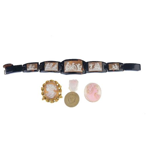 A selection of cameo jewellery and panels. To include a tortoiseshell and shell cameo panel bracelet
