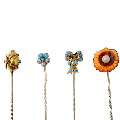 A selection of four late 19th to early 20th century gold gem-set stickpins. To include a pearl and c