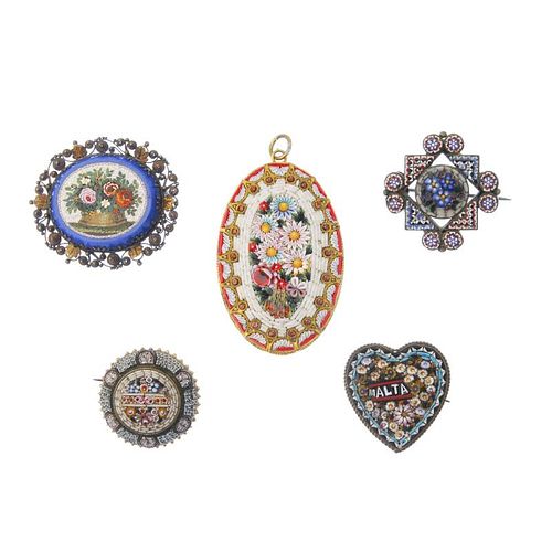 Ten items of micro mosaic jewellery. To include a brooch in the shape of three hearts with micro mos