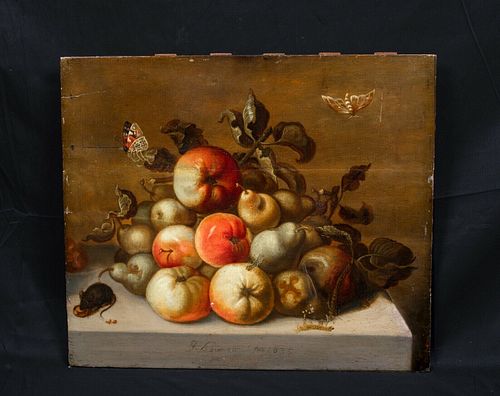 STILL LIFE FRUIT & INSECTS OIL PAINTING