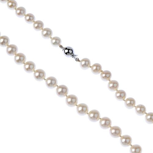 Four cultured pearl necklaces. To include two long-length pink cultured pearl necklaces, the pearls