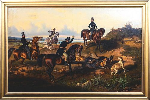 HOUNDS & HORSES FOX HUNT OIL PAINTING